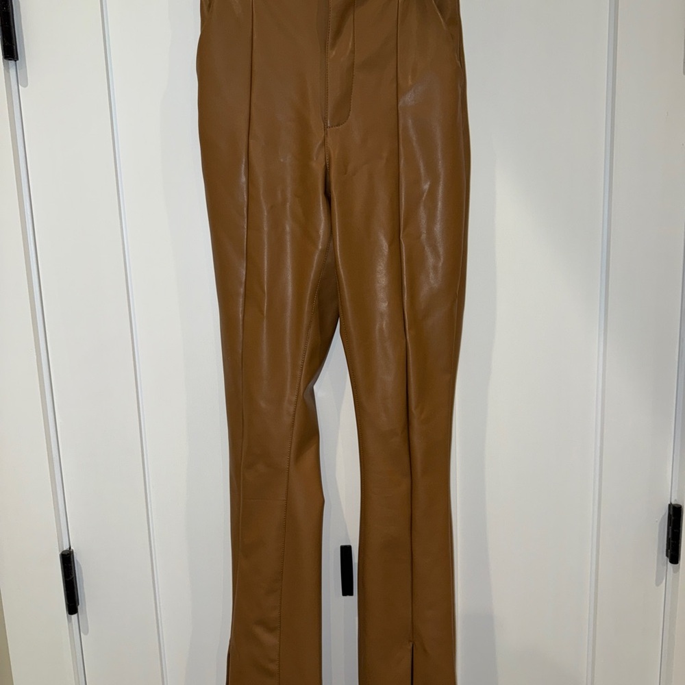Abercrombie & Fitch Tan Faux Leather Pant with Front Split Hem